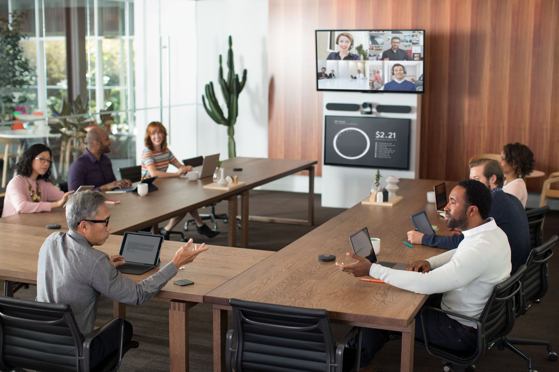 A training room connected over a Logitech Rally video system