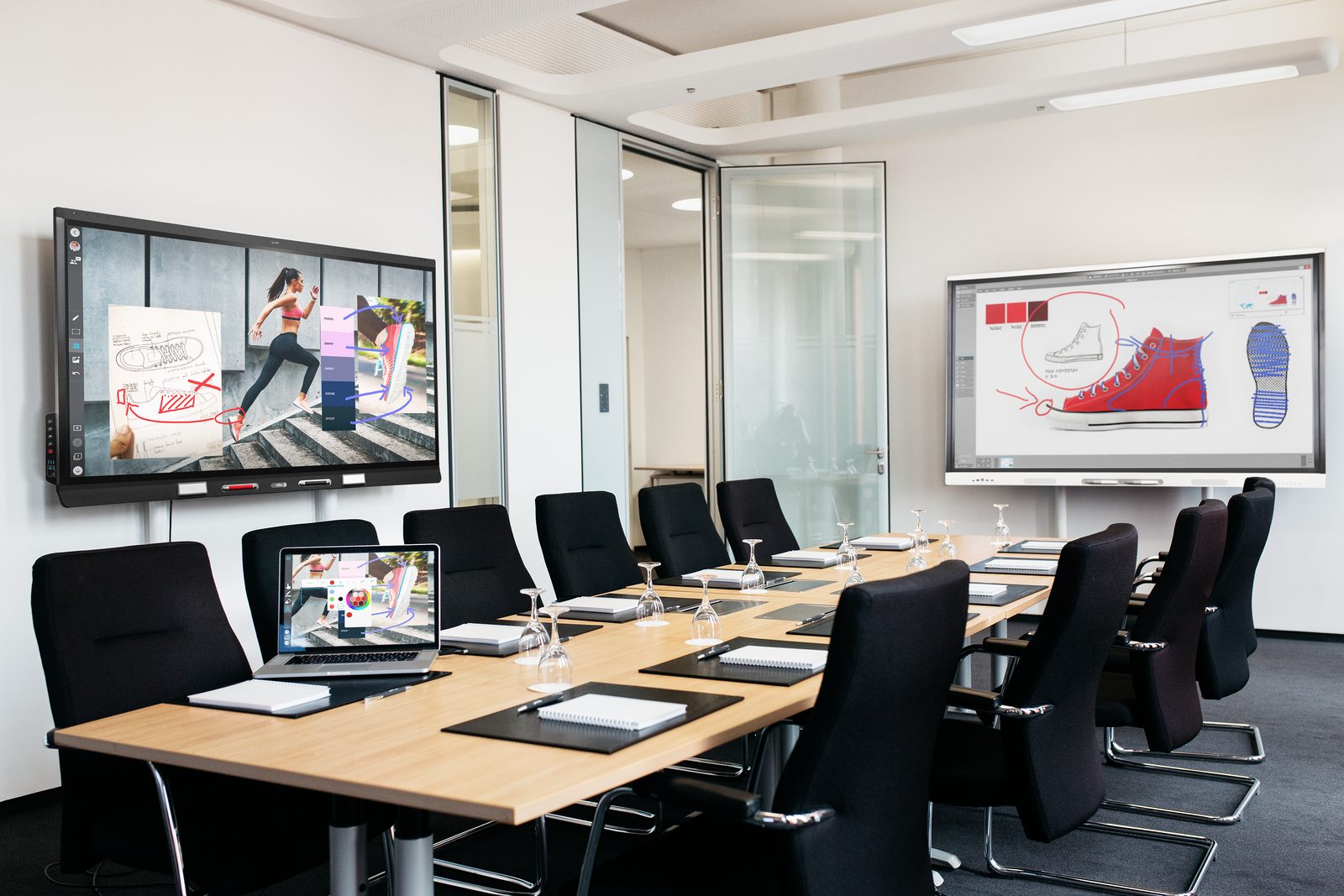 A modern boardroom equipped with Technetix SMART interactive displays