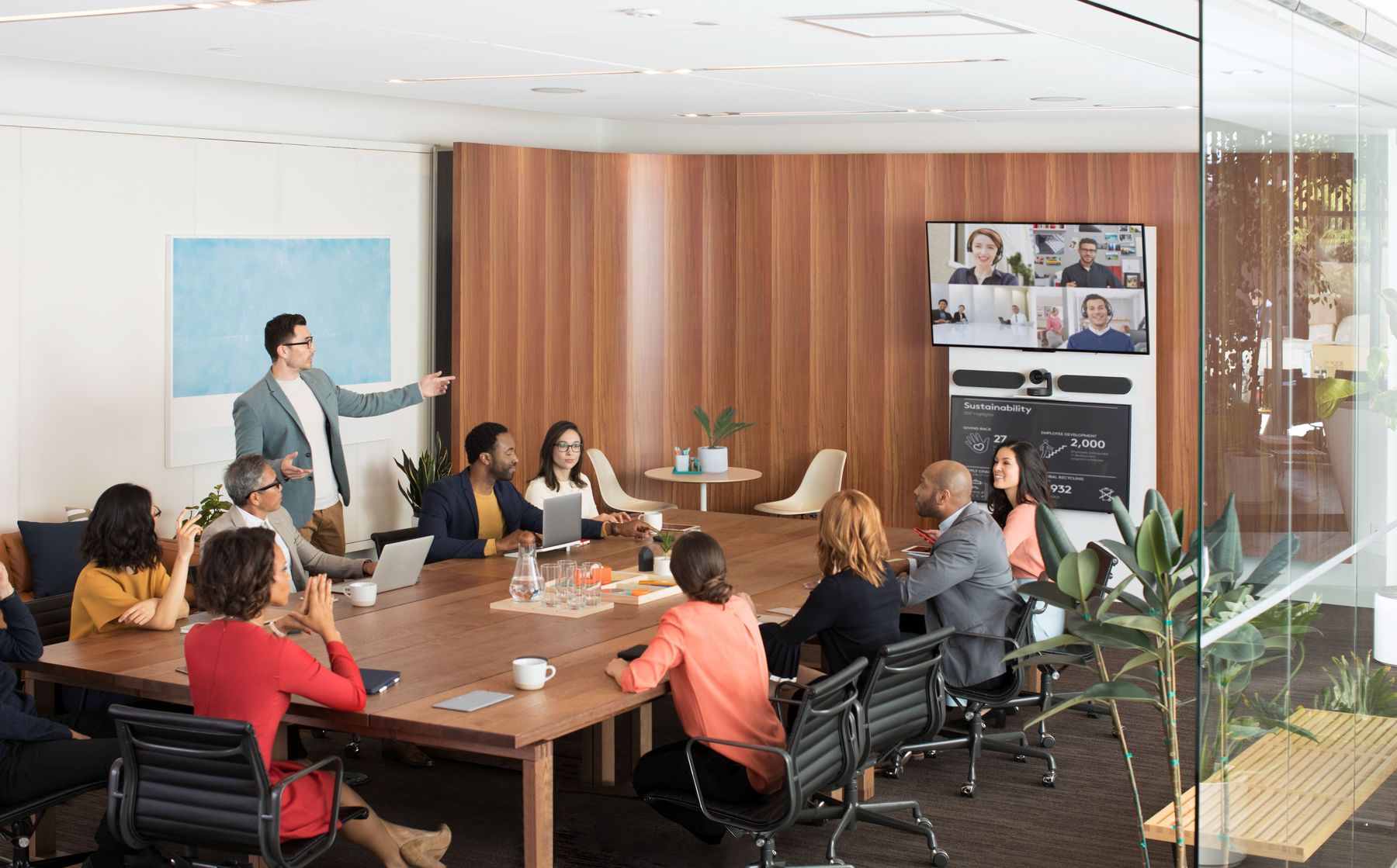 A boardroom video call running on a Logitech Rally system installed by Technetix